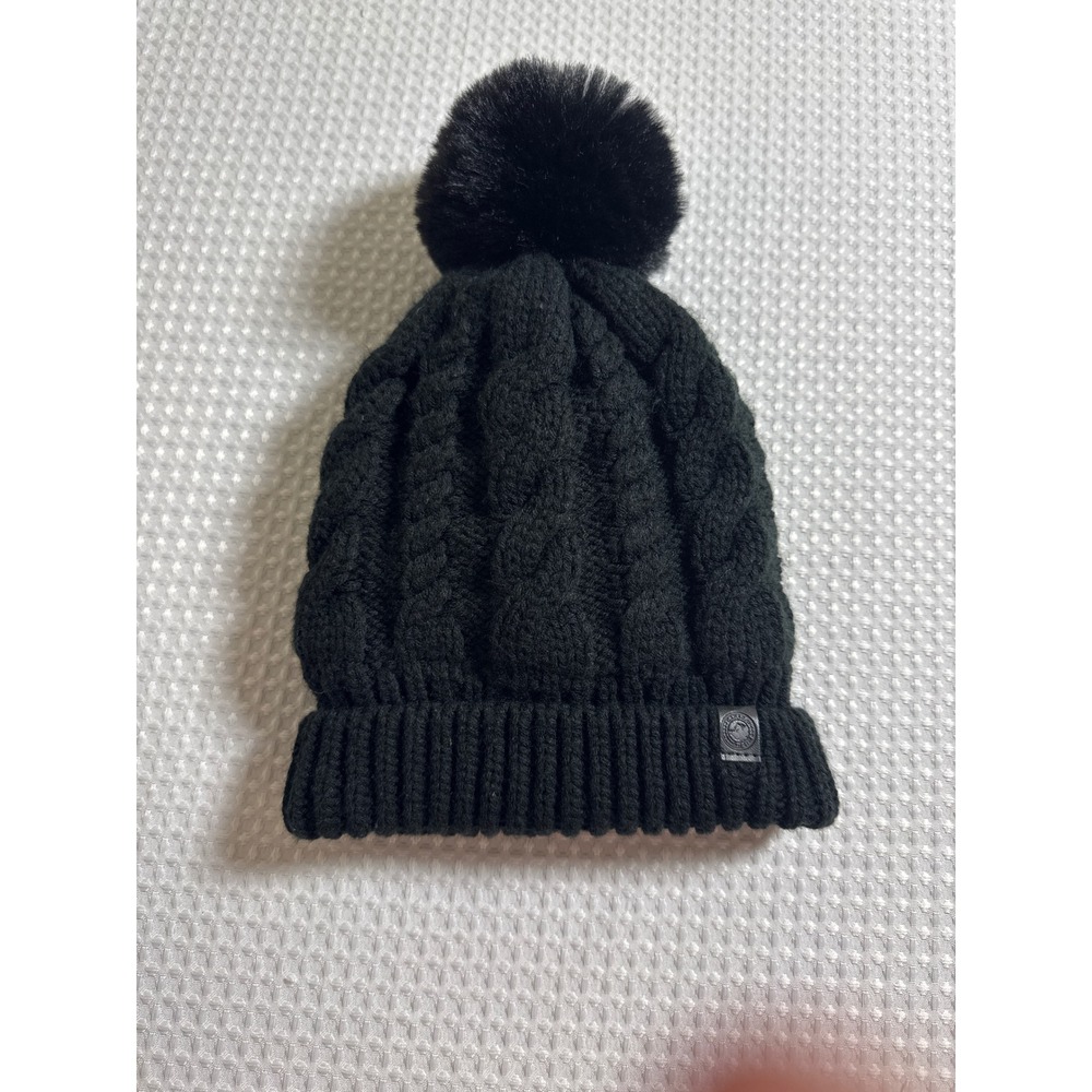 Canada Weather Gear Beanie Womens Cable Knit Black Faux Fur Pom EUC